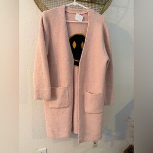 Pink Open-Front Cardigan with Smiley Face